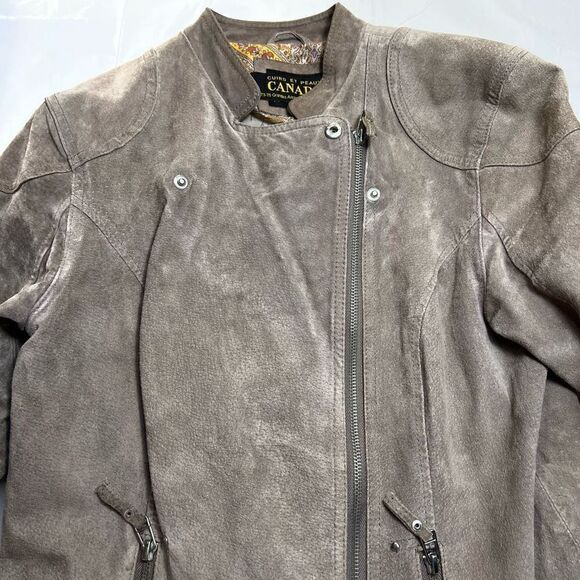 Women’s PigSkin Genuine Leather Taupe size  42 Moto Jacket Medium Canada - Picture 5 of 13
